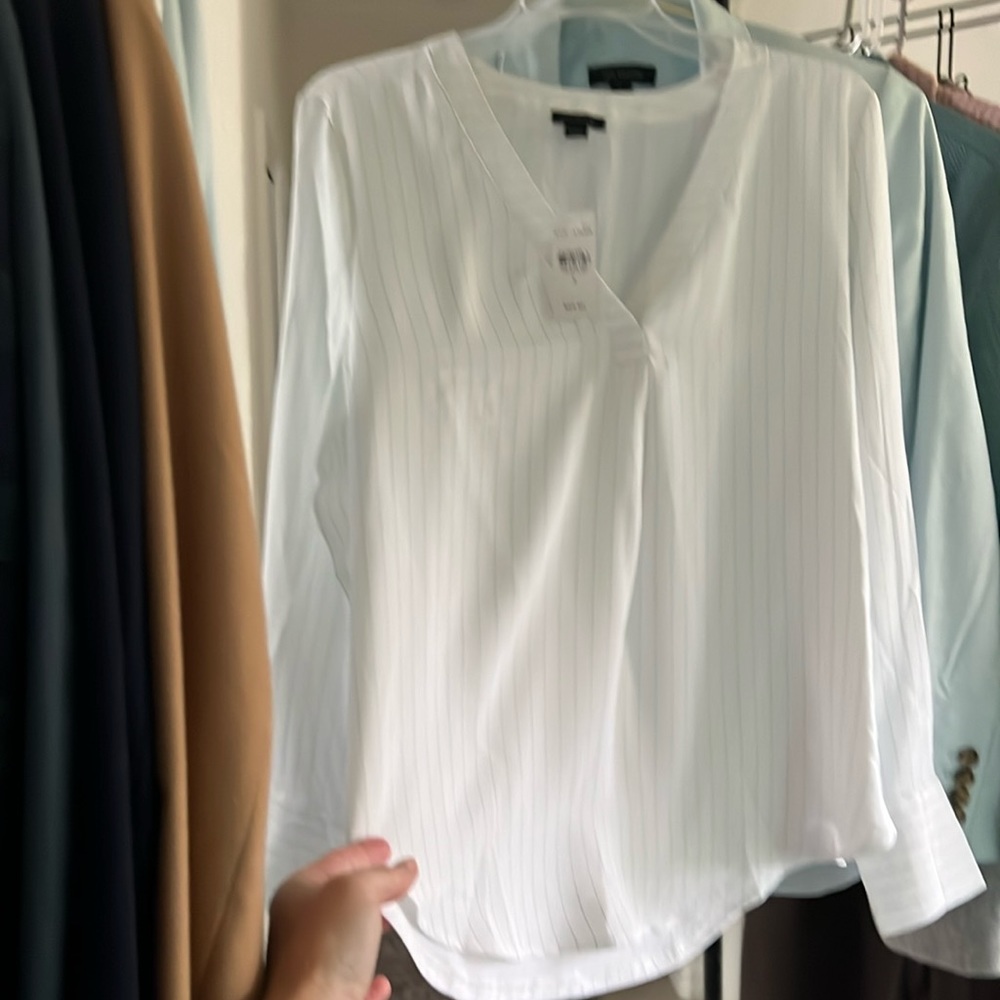 Ann Taylor spring long sleeve blouse pin stripe pattern flowy spring to summer